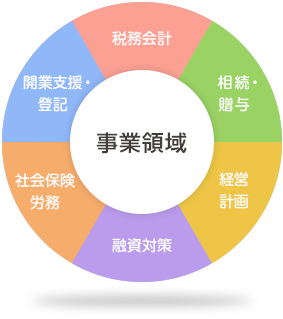事業領域 開業支援・登記 税務会計 相続・贈与 経営計画 融資対策 社会保険労務